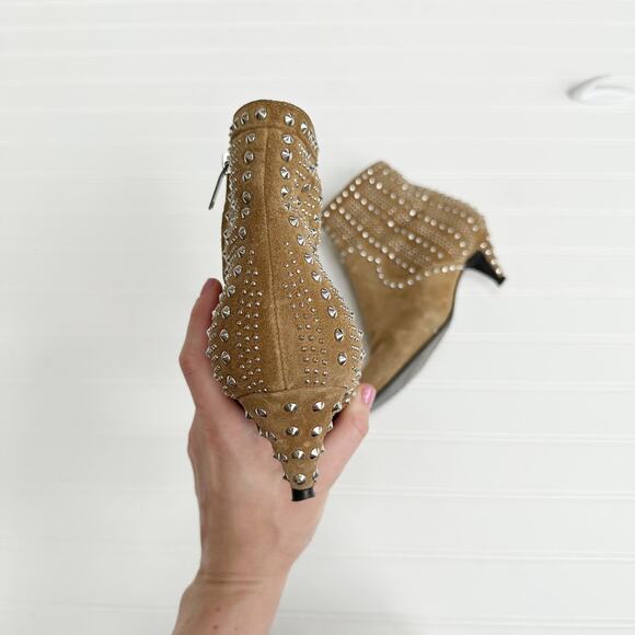 Saint Laurent Cat Ankle Bootie 50 Tan Suede Studded Heels Western Kitten - Picture 13 of 14